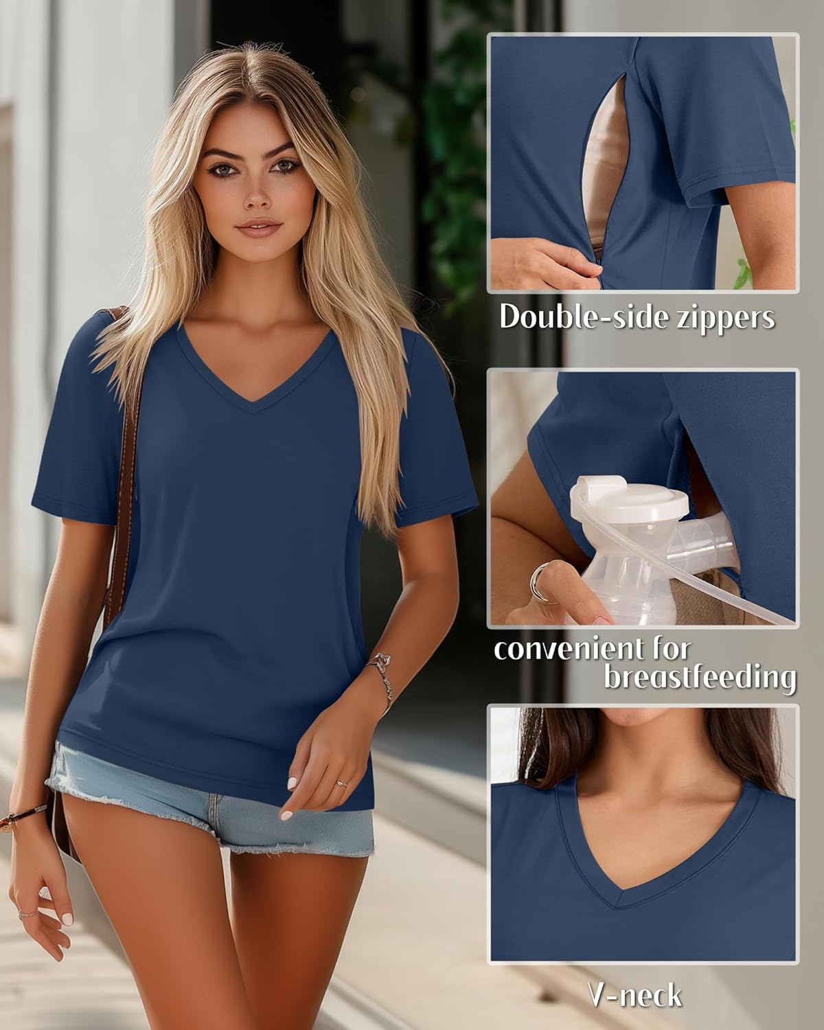Huukeay 3 Pack Women's Maternity Nursing Tops, Hidden Zippers Breastfeeding Clothes V Neck Short Sleeve Pregnancy Shirts Tees - Image 3
