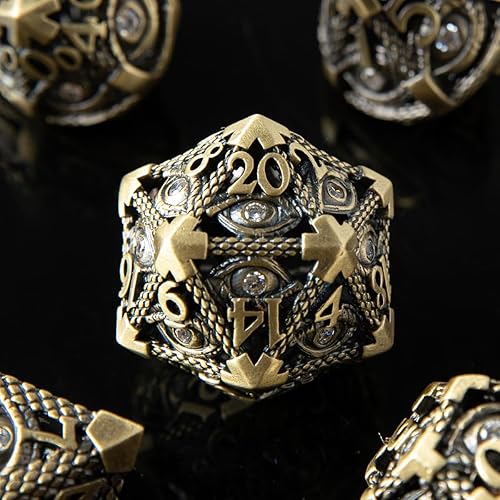 Miniatura 4 de YEMEKO Juego de dados DND de metal con ojo de dargón, 7 accesorios para juegos Ttrpg de Calabozos y Dragones, dados poliédricos hechos a mano,