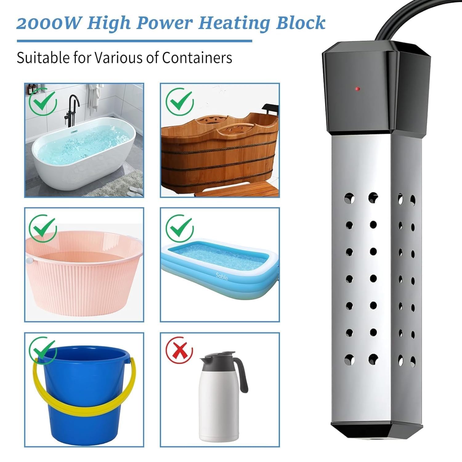 Riscaldatore Piscina, Riscaldatori A Immersione 2500W, Acciaio Inox 304, Scaldatore Ad Immersione, con Controller del Termostato Digitale