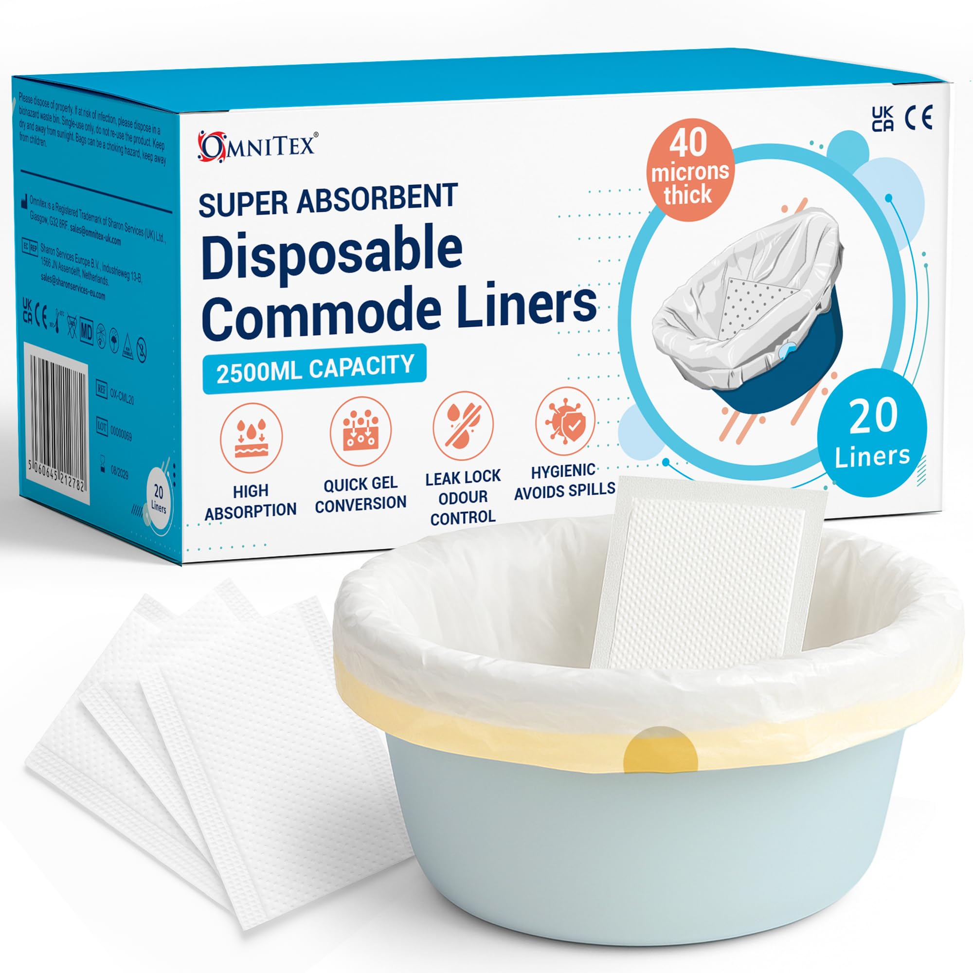 Omnitex White 20Pk Super High Absorption Commode Liners 2500Ml, Bed Pan Liners With 80% Sap Granules Gel Conversion Pad | Strong Adult Portable Toilet Bag With Drawstring And Sap Pad | Ce & Ukca Certified