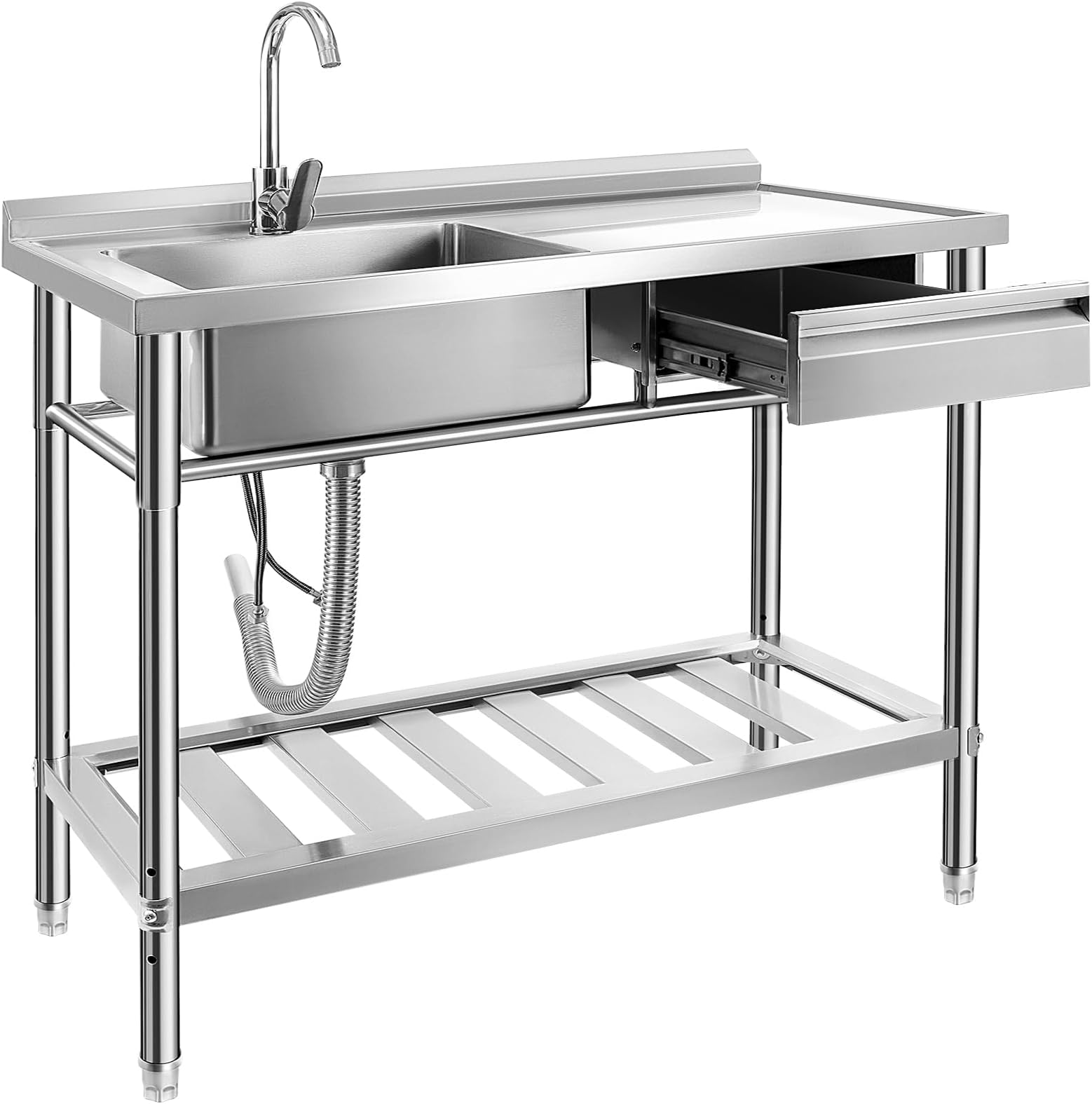 YORKING Stainless Steel Utility Sink, Free Standing Single Bowl Kitchen Sink with Cold and Hot Water Pipe for Laundry Room Farmhouse Indoor and Outdoor(47 inch)