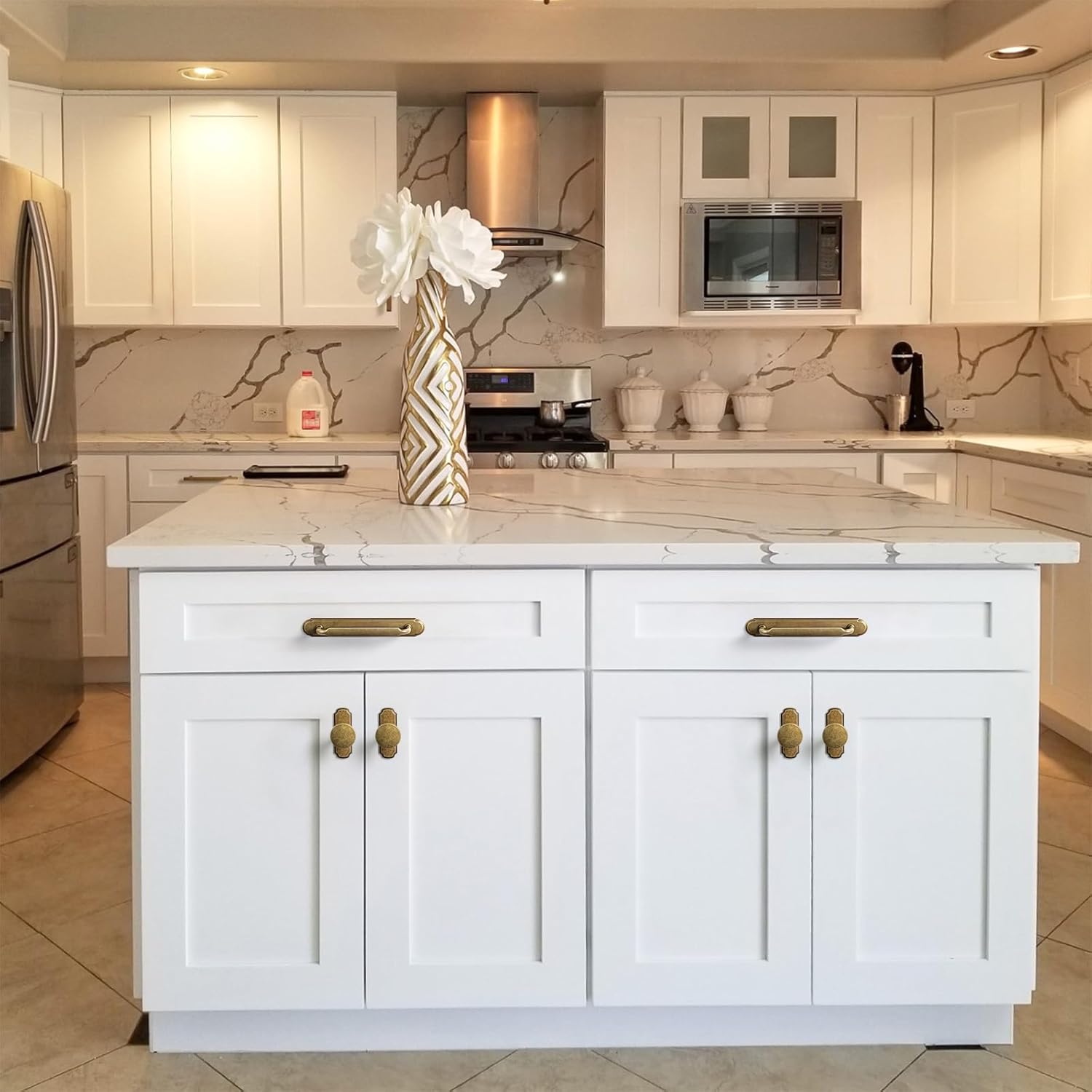 Goo-Ki 2 Pack Antique Brass Cabinet Pulls with Backplate Spacer, 5 Hole Center Kitchen Drawer Pulls Handles with Base Plate Zinc Alloy Hardware