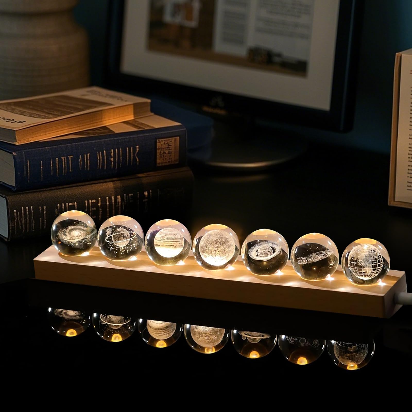 7 Galactic Crystal Ball Décor with LED Wooden Light Stand - 3D Earth Moon Saturn Galactic System 40mm Crystal Sphere Ideal for Decorative Gift