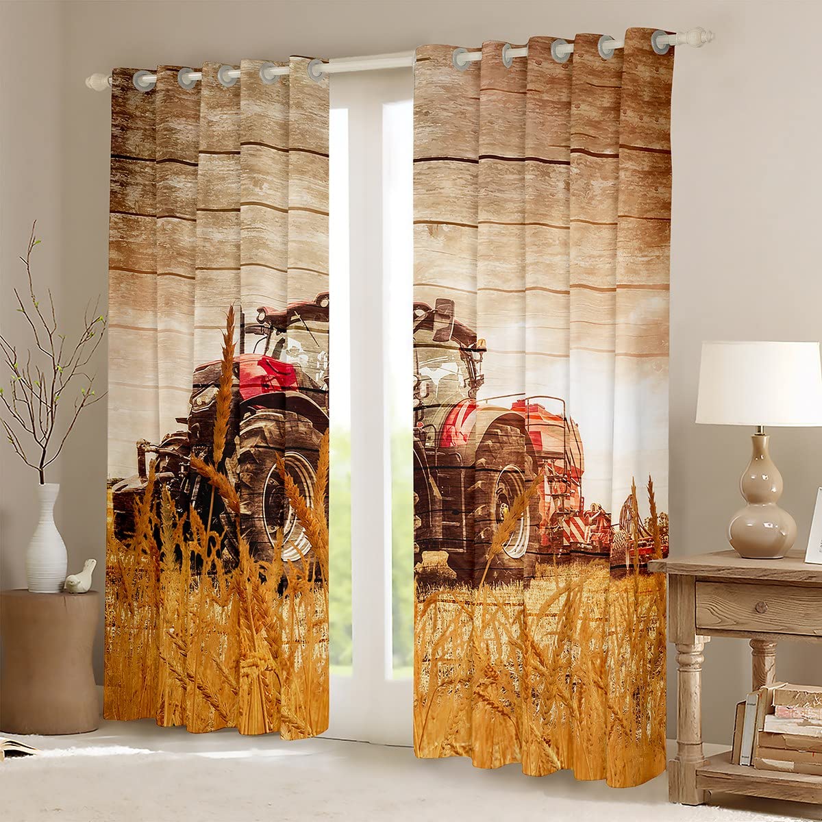 Cars Window Curtains for Bedroom Living Room Cartoon Truck Tractor Window Drapes for Kids Boys Girls Farm Equipment Curtains Construction Vehicle Wooden Window Treatments W46*L54 - Image 2