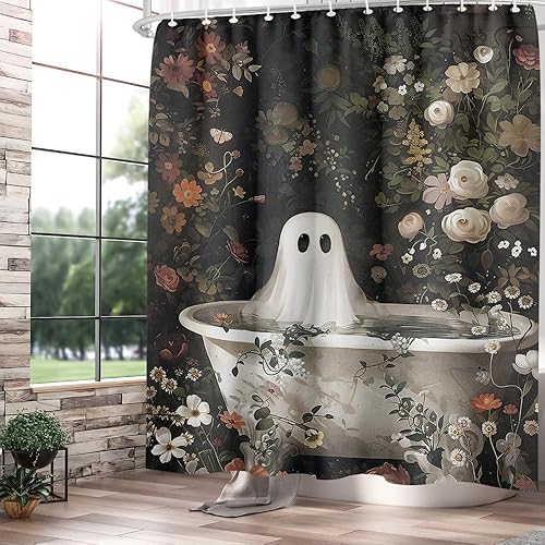 Miniatura 2 de Cortina de ducha de Halloween con diseño de fantasma, para bañera, bosque de flores, cortina de ducha para baño, academia oscura, tina fantasma,