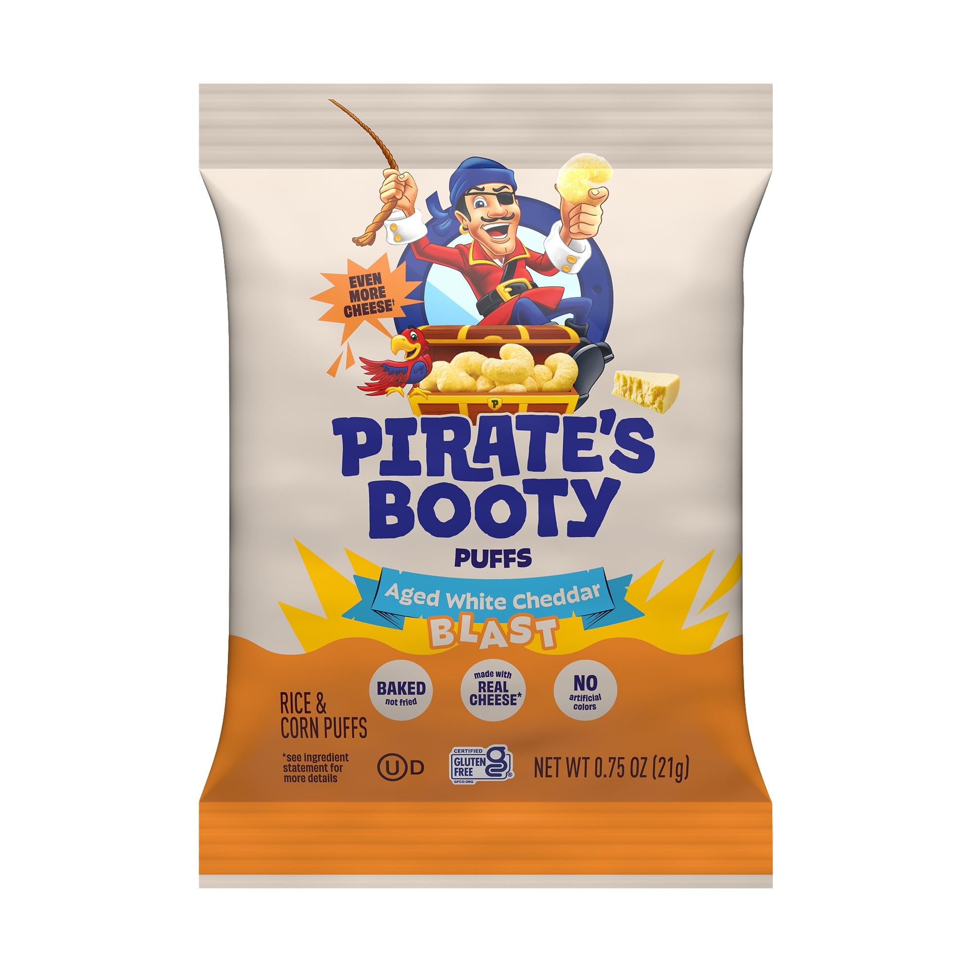 Pirate's Booty Cheddar Blast - Bocadillos de queso sin gluten para niños, bolsas de bocadillos de tamaño personalizado de 0.8 onzas (paquete de 16)