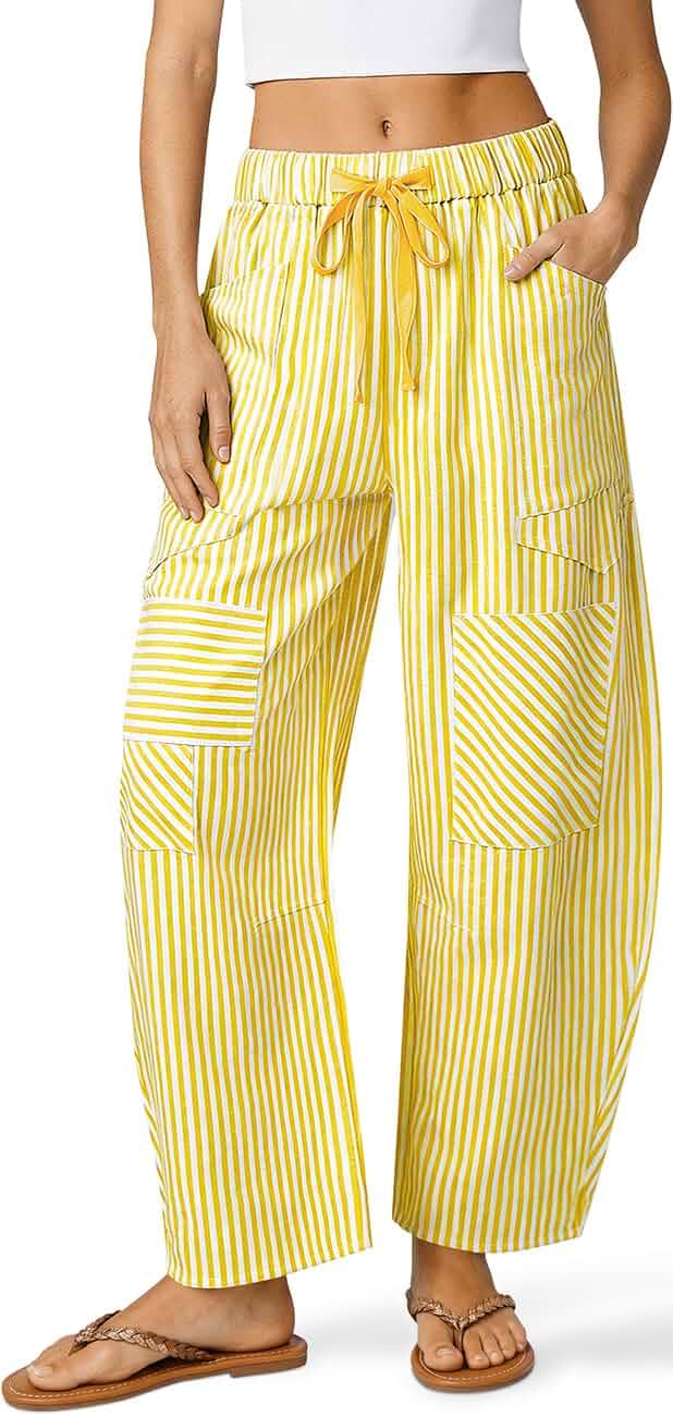 TARSE Womens Striped Linen Barrel Pants with Pockets Y2k Patchwork Elastic Drawstring Waist, Baggy Wide Leg, Cropped Harem Trousers, 2026 Fall Resort, Beach Vacation, Lightweight, Boho Style
