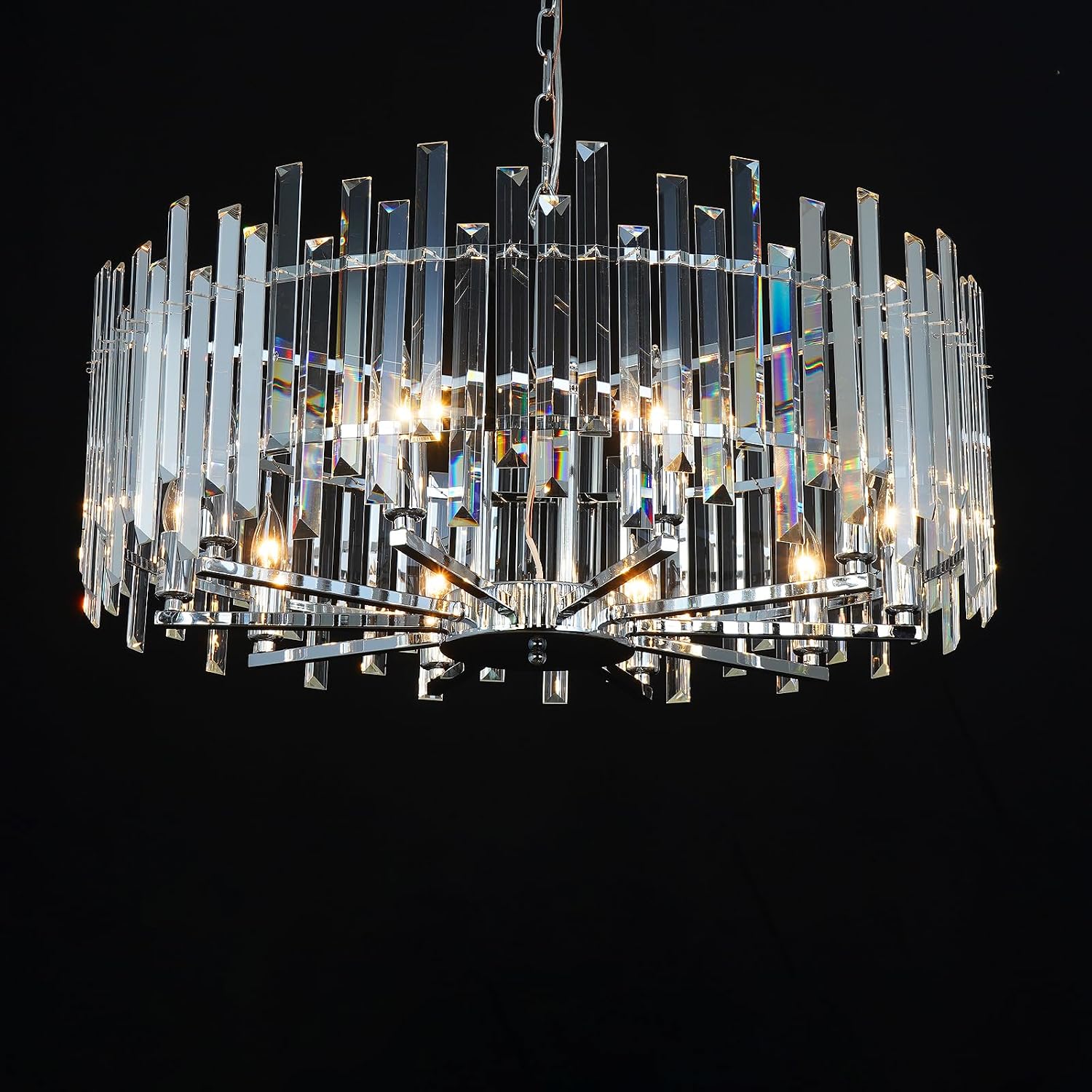 Chrome Crystal Chandeliers for Dining Room, 27.6" Modern Round Chandelier Large Adjustable Height Ceiling Hanging Pendant Light Fixture for Dining Living Room Bedroom