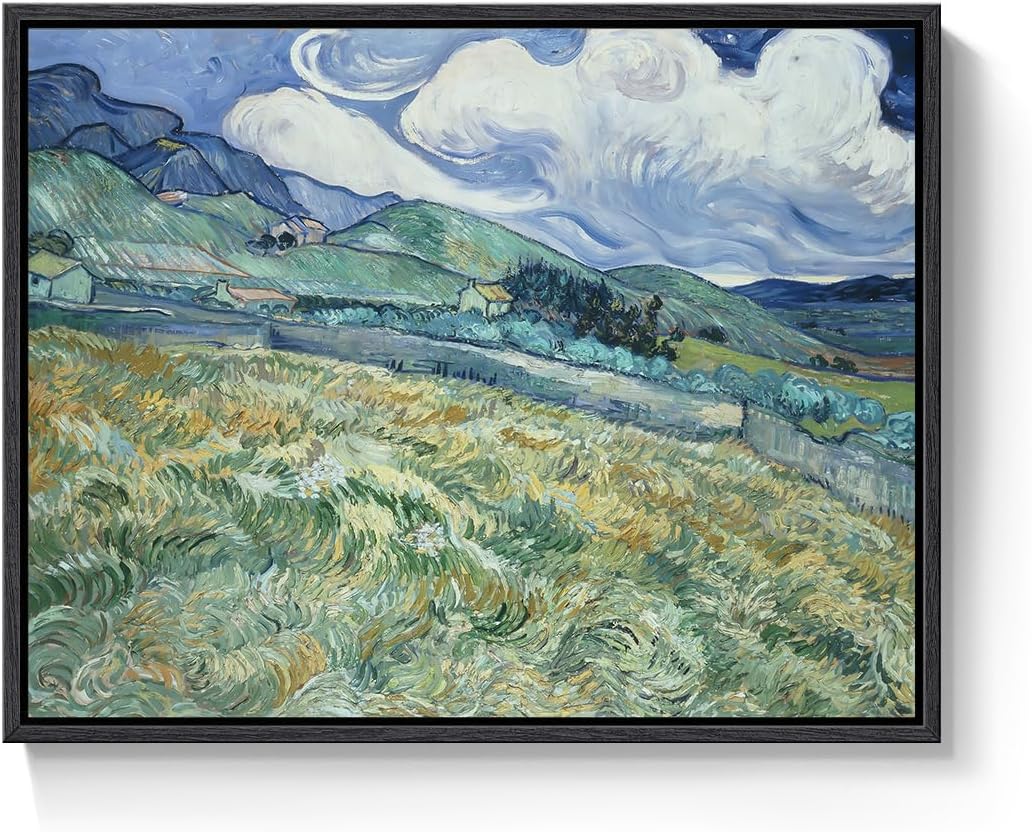 Framed Van Gogh Wall Art, Wheat Field with Mountains Canvas Print, Vintage Blue and Green Landscape Painting for Living Room Bedroom Dining Room Office Wall Decor, 12x16 Inch