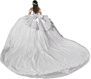 Off Shoulder Beaded Quinceanera Dresses with Bow Puffy Tulle Crystal Sweet 16 Dress Layered Lace Flower Ball Gown - Buy now