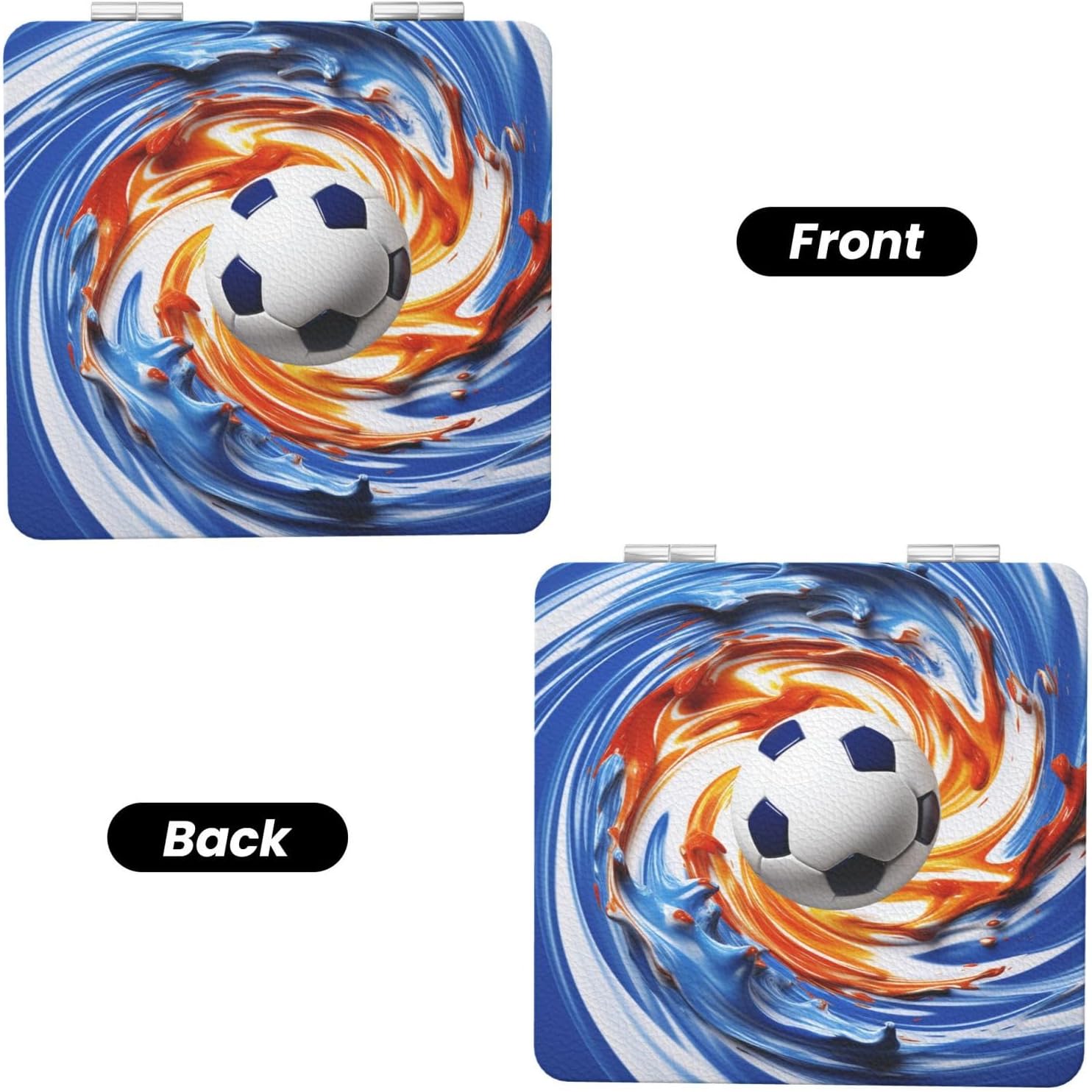 Soccer Ball in Blue and White Swirls Compact Mirror Small Travel Makeup Mirror 2X 1x Magnification Portable Folding Mirror Lightweight Metal Cosmetic Pocket Mirror for Women Gifts image 2