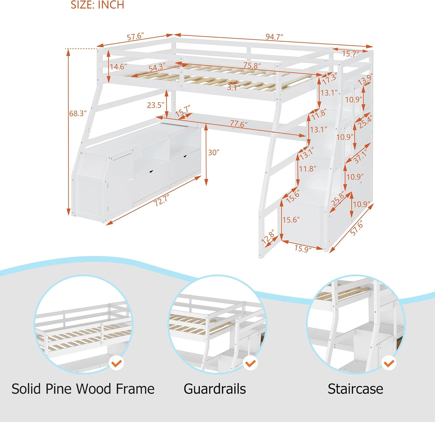 Polibi Full Loft Bed dimensions diagram