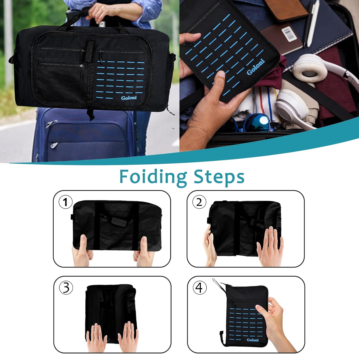 Foldable Travel Duffle Bag,Duffle Bag with Shoes Compartment and Adjustable Strap,Large Packable Travel Bags for Men Women,Waterproof Duffel Bag - Image 6