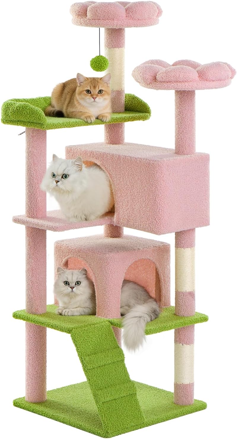 Cat Tree Tower 56in Cat Trees Multi-Level Cat Condos with Spacious Perch, 2 Cozy Condos, Scratching Posts, Climbing Ladder, Toy Ball, Durable Pet House Furniture for Indoor Kittens, Pink Green Flower