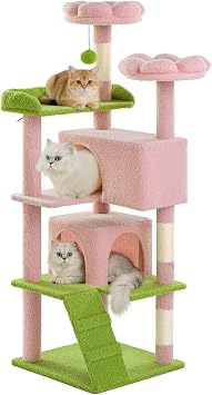 Cat Tree Tower 56in Cat Trees Multi-Level Cat Condos with Spacious Perch, 2 Cozy Condos, Scratching Posts, Climbing Ladder, Toy Ball, Durable Pet House Furniture for Indoor Kittens, Pink Green Flower