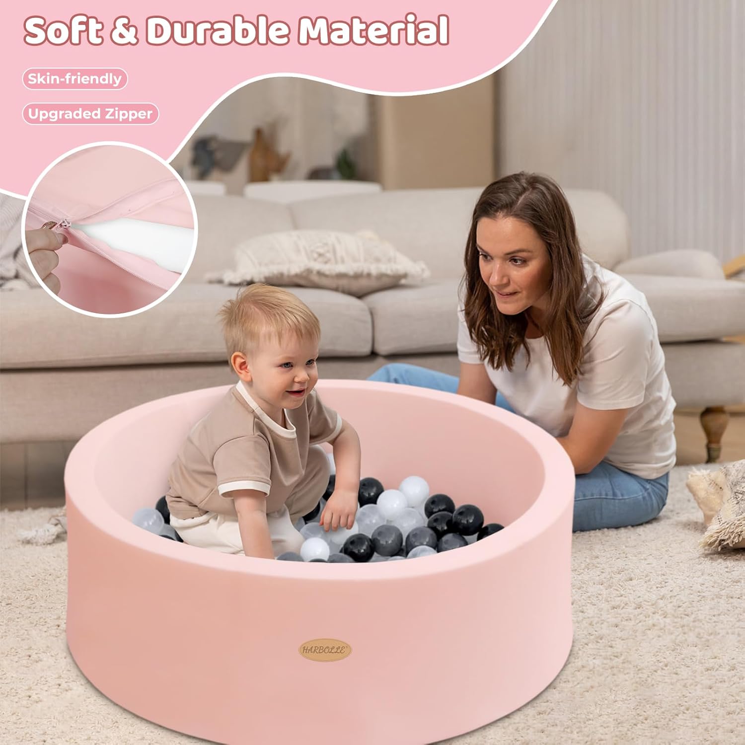 baby ball pit 35.4" soft round memory foam ball pits not included balls indoor outdoor playpen for babies toddlers kids great gift for girls boys, peach peach 35.4"