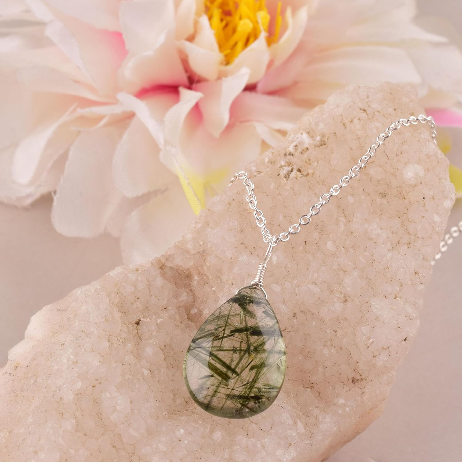 Natural Green Rutilated Quartz Crystals Pendant Necklace, Pear Cabochon Gemstone, Energy Healing Crystals, Birthday, Gift for Her, Gemstone Jewelry 18 inch AAA+ Quality - Image 7