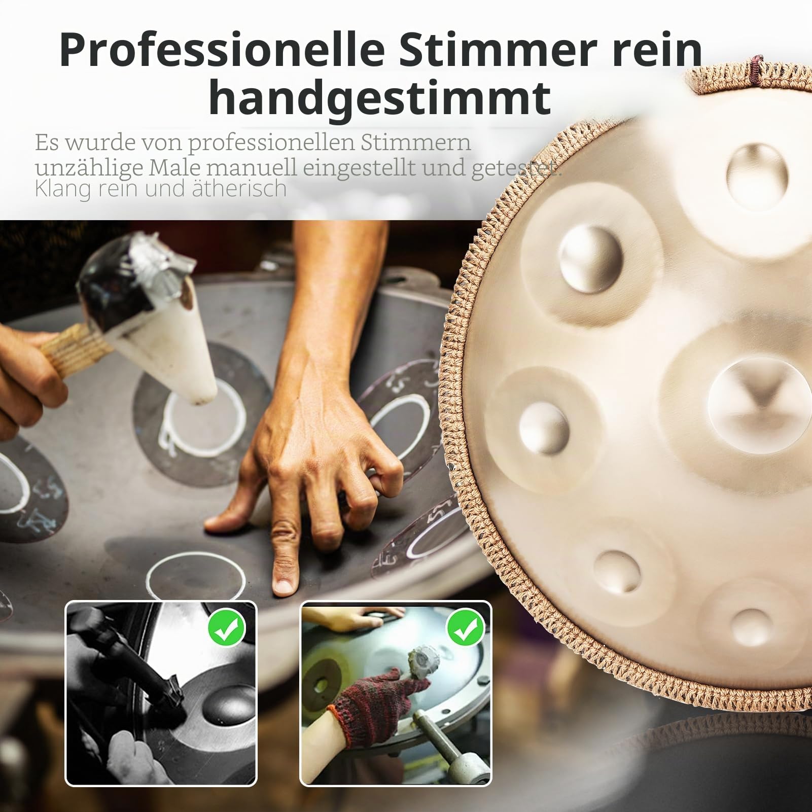 Handpan Drum, 22 Zoll 9/10/12/ Note 432/440 Hz Steel Tongue Drum in D-Moll Steel pan für Yoga-Meditation, Klangheilung (Gold, 10 Töne- 432Hz)