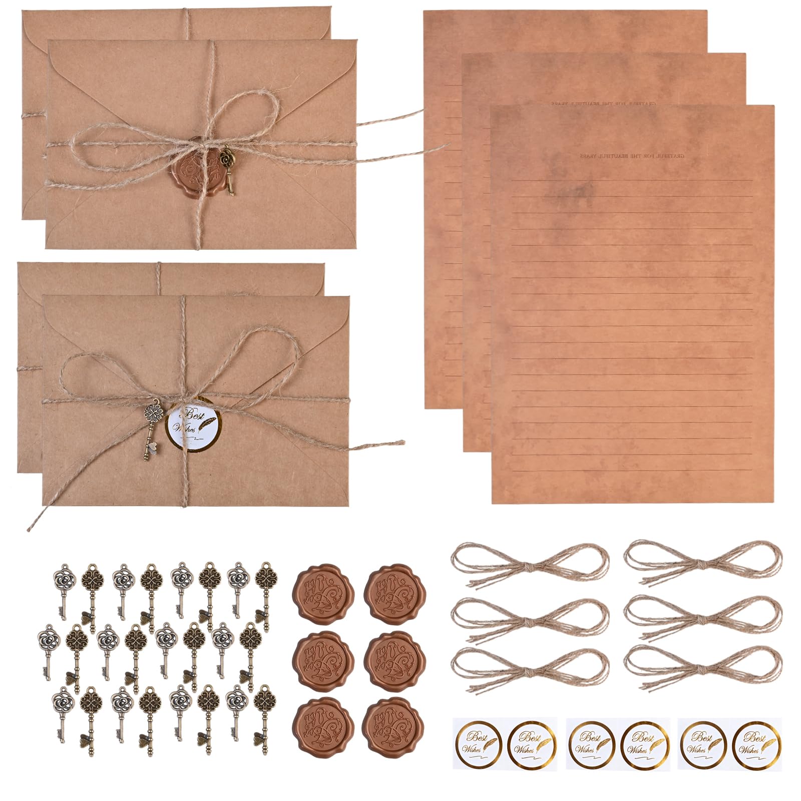 Vintage Pergamentpapier Set - 44 Blatt Vintage Briefpapier A5 & 12 Mittelalter Umschläge für Liebesbriefe - Romantic Altpapier Rolle für Weihnachten, Geburtstage und Mittelalter Deko ALS Geschenkidee