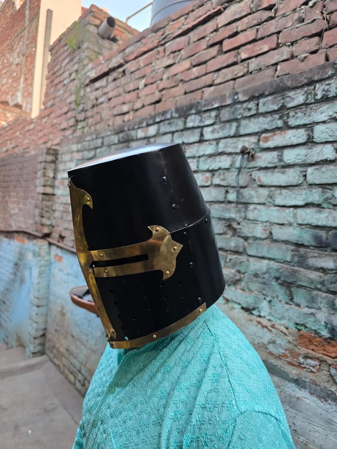 Cavro Medieval Crusader Great Helmet, Black and Brass, Knight Helm, Historical Style
