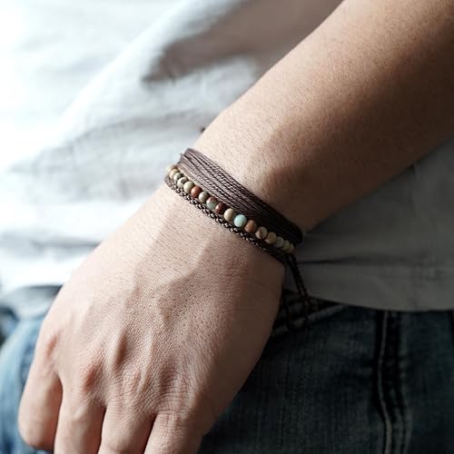 Miniatura 330 de Handmade Natural Stone Beaded Healing Bracelet Gift for Men Adjustable Rope String Bracelet (picasso jasper, Adjustable)