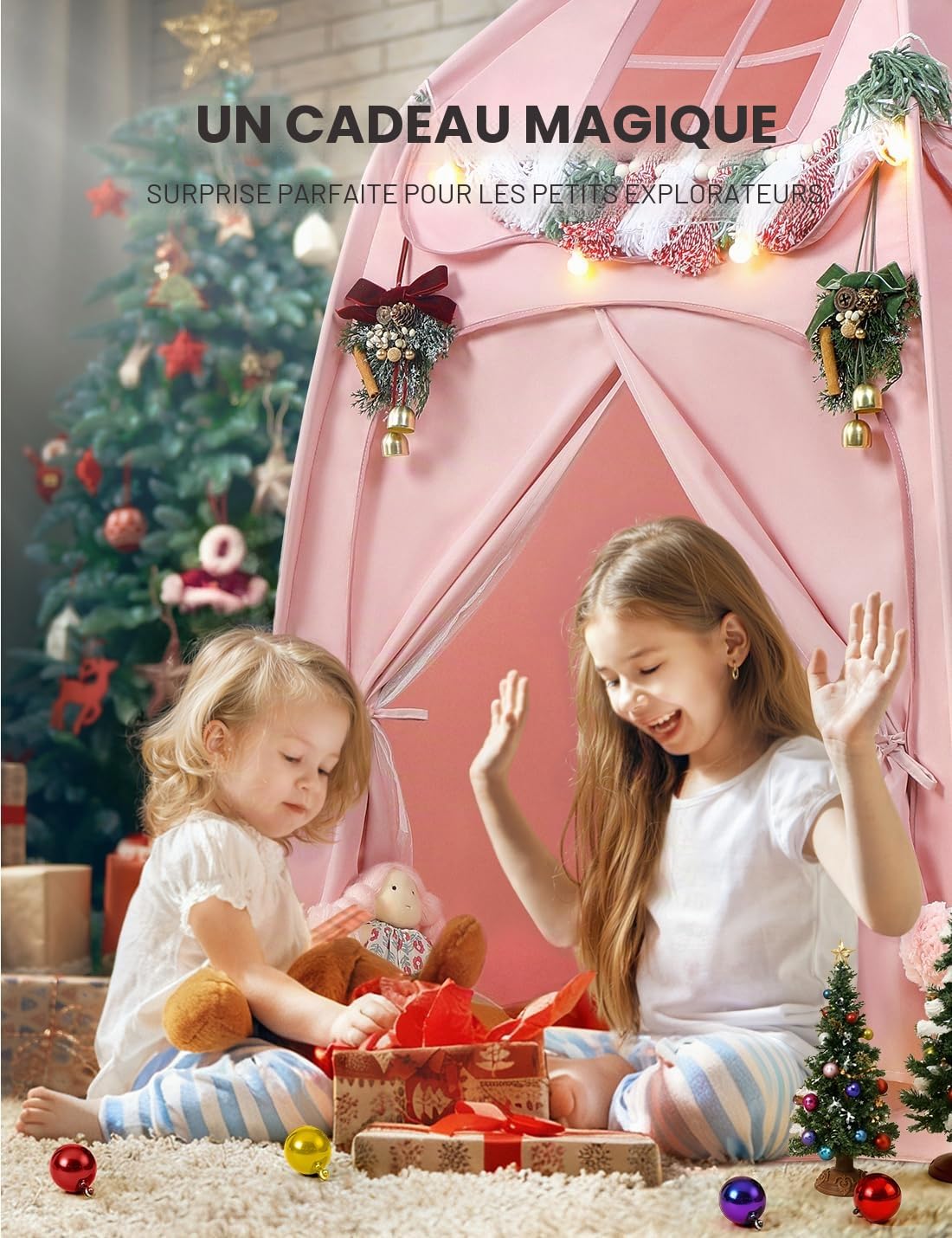 Besrey Tente Château pour Enfant - Cabane Intérieure avec Lumières, Rose