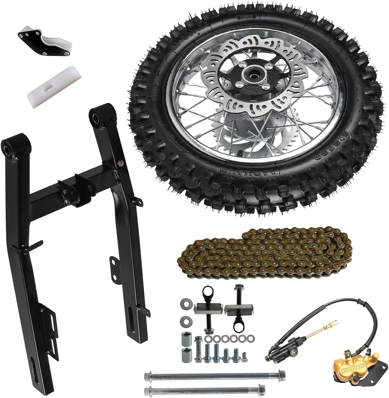 12'' Rear Wheel Rim Tire Assembly, 3.00-12 Dirt Pit Bike Wheel, 12mm Bearing for 110cc 125cc Motorcycle, Come with 440mm Rear Black Steel Swing Arm, Sprocket, Brake Disc Rotor, Drive Chain