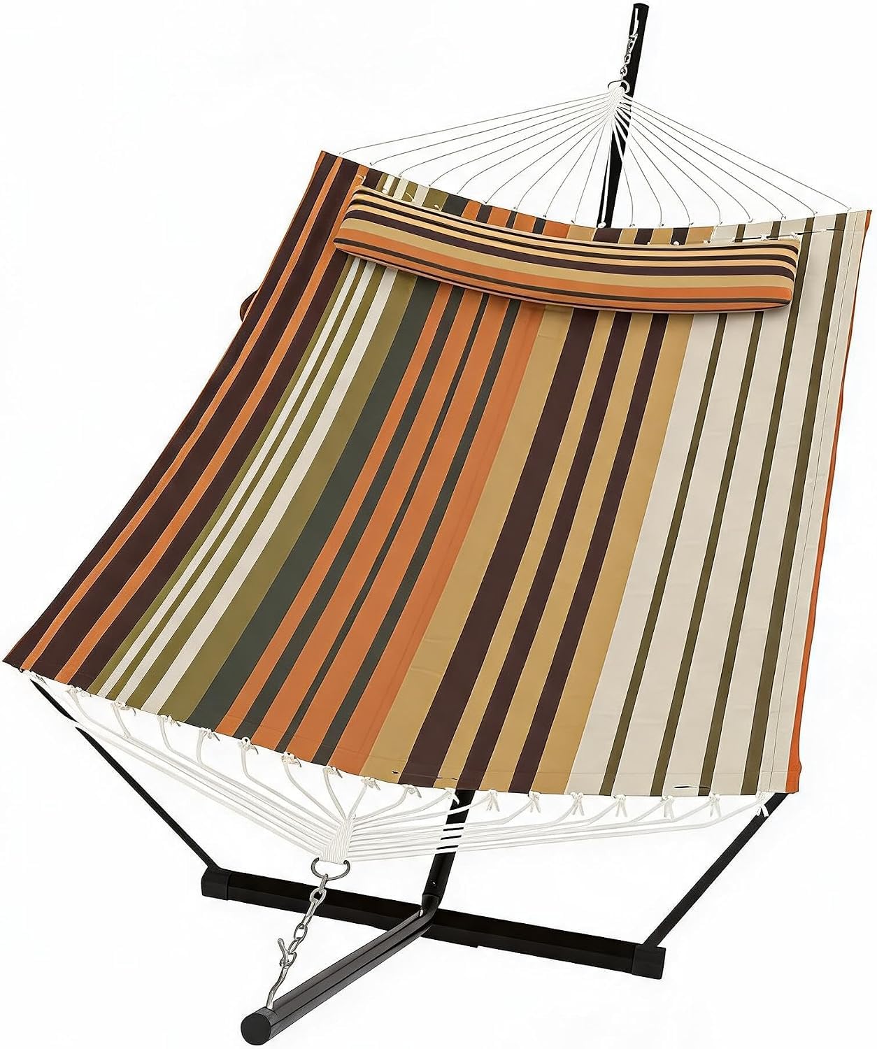 GarveeMore Heavy Duty Double Hammock with Stand & Pillow – 2 Person, 450 lbs Capacity, Freestanding Outdoor Patio Furniture, Balance Rope, Ideal for Backyard, Poolside – Coffee Stripe