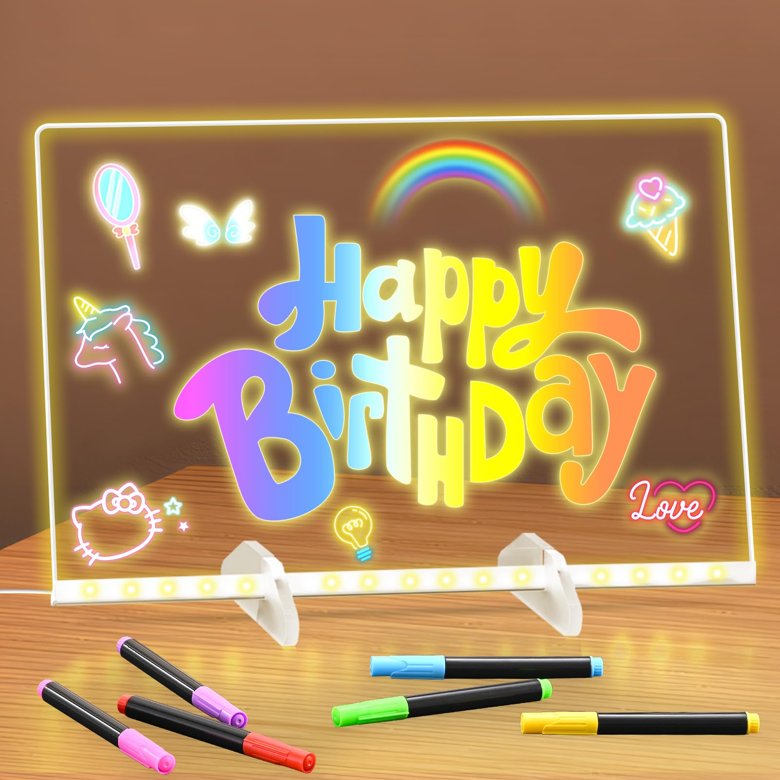 BlueSwan Led Zeichenbrett, Spielzeug für Kinder mit 12 Farben Einstellbar 7 Licht Modi, Komplettset inkl, Ständer & Kette, Abwischbar für Maltafel Zaubertafel, kreatives Geschenk, Memo, Café, Zuhause