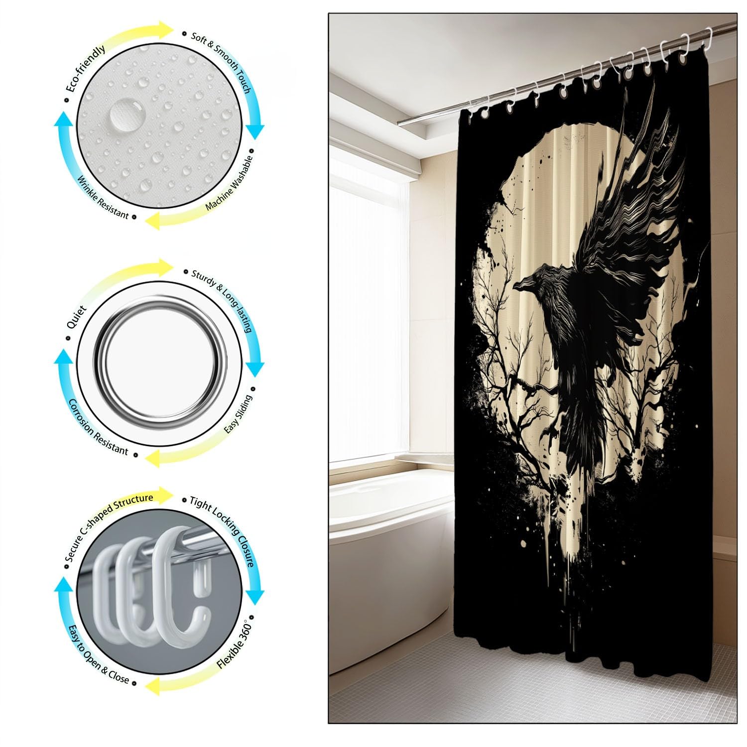 Generico Stile gotico Tenda Da Doccia Fantasia Corvo Paesaggio Nero Beige, Tenda Da Doccia Per Bagno, Vasca Da Bagno, Tenda In Poliestere Impermeabile Con Ganci In Plastica, 180 x 200 cm