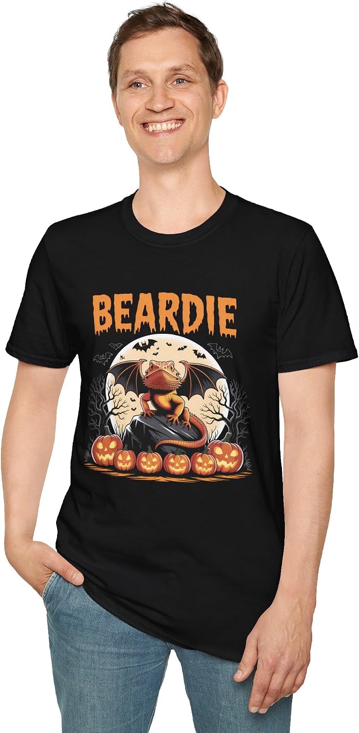 Spooky Beardie Dragon Halloween T-Shirt - Scary Bearded Dragon with Bat Wings Pumpkin Moon Tee for Reptile Fans