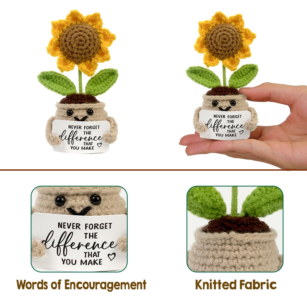 Tiny Detalles Birthday Gifts for Women - Mini Positive Crochet Sunflower, Unique Teacher Appreciation Gifts, Thank You Gifts for Women, Nurse, Friends, Coworker and Sunflower Decor