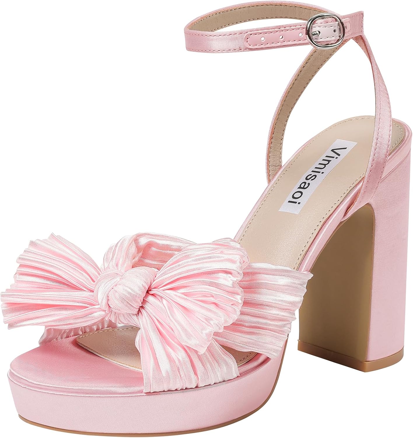 VIMISAOI Women's Bow Knot Platform Heels Open Toe Chunky Heeled Sandals Ankle Strap Comfortable Wedding Party Dress Shoes for Bride