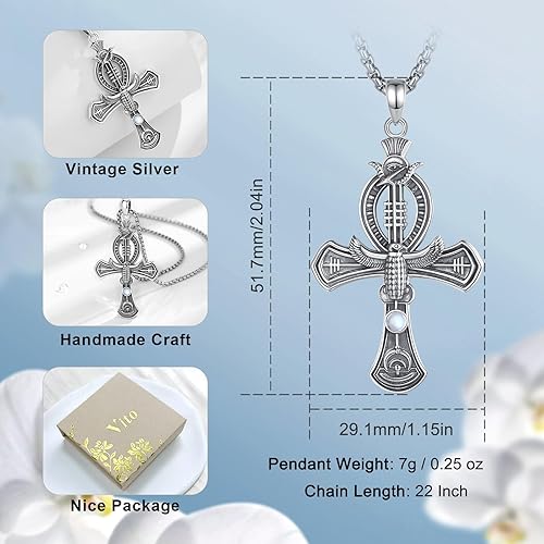 Miniatura 4 de Vito Egyptian Necklace for Women Men, 925 Sterling Silver AnubisAnkh CrossEvil EyeEgyptian Goddess Pendant for Mom Dad, Egypt Protection Jewelry