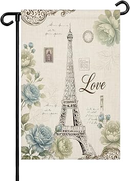 Vintage Eiffel Tower Garden Flag 28x 40 Double Side, Retro Love Floral Botanical Beige Garden Flags Outside House Flag Banner Welcome Yard Flag for Holiday Party Outdoor Decorations All Seasons