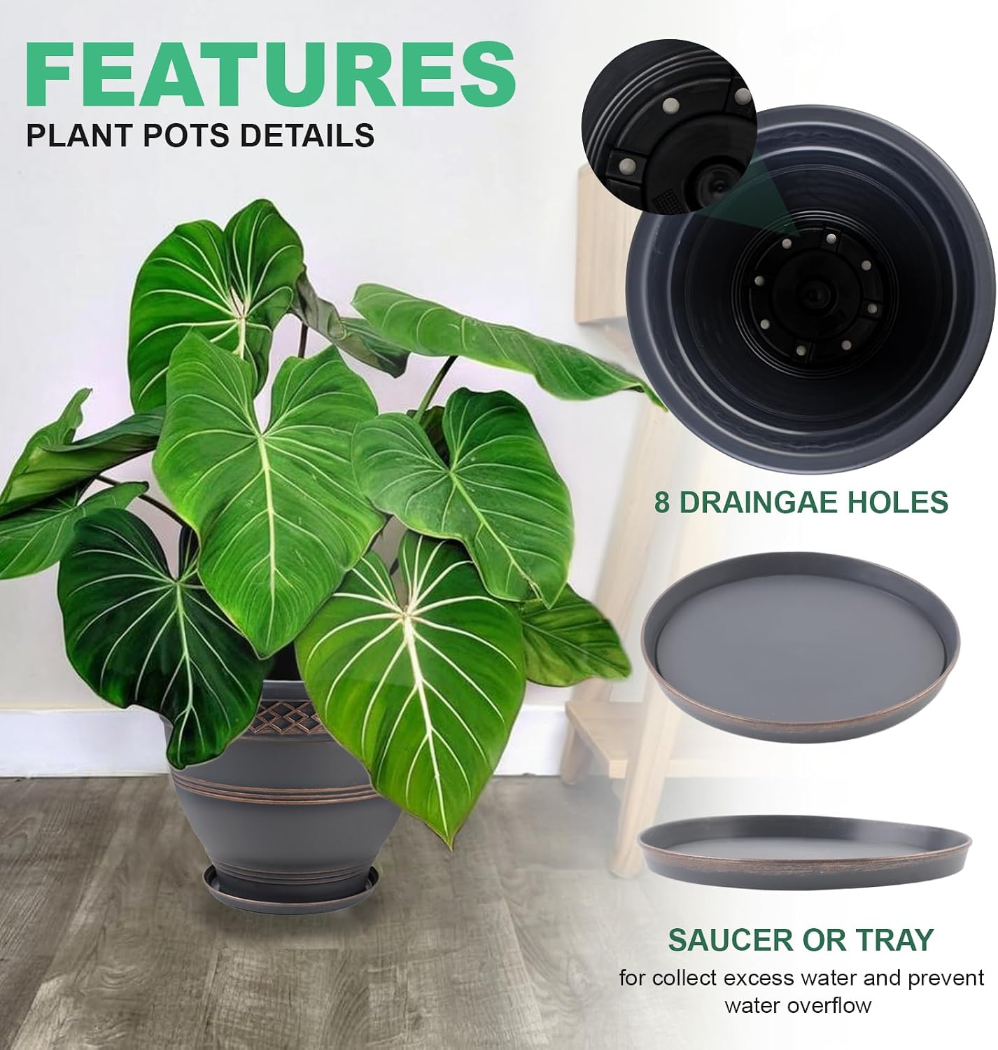 Usocik 4 Pack 10 Inch and 4 Pack 10 Inch Plastic Planters with Drainage Holes and Saucer for Indoor Outdoor Plants. image 5
