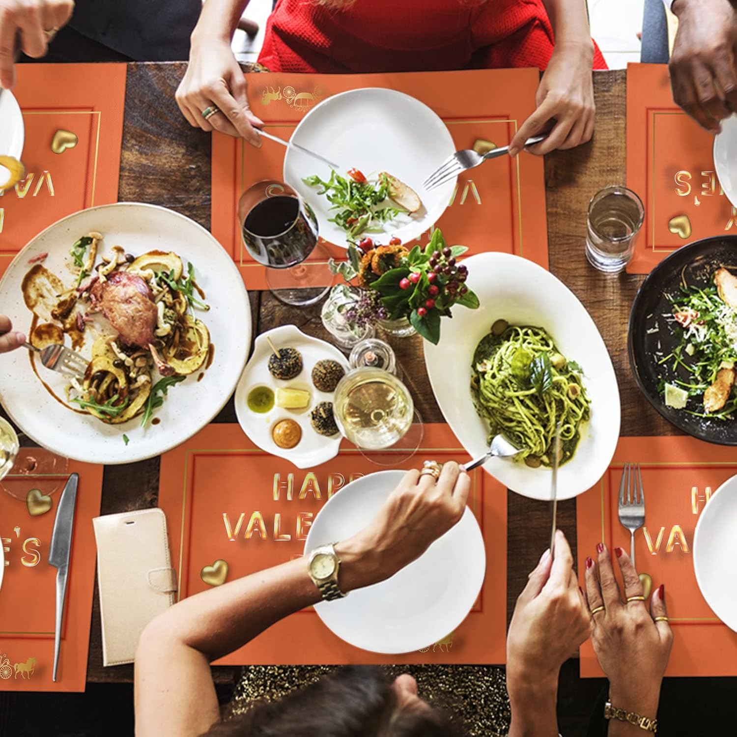 Happy Valentine's Day Placemats for Dining Table Set of 4, Cotton Linen Cloth for Square/Rectangle/Round Table Mat Placemat, Saint Orange Gold Love Holiday Kitchen Dinner Holiday Décor