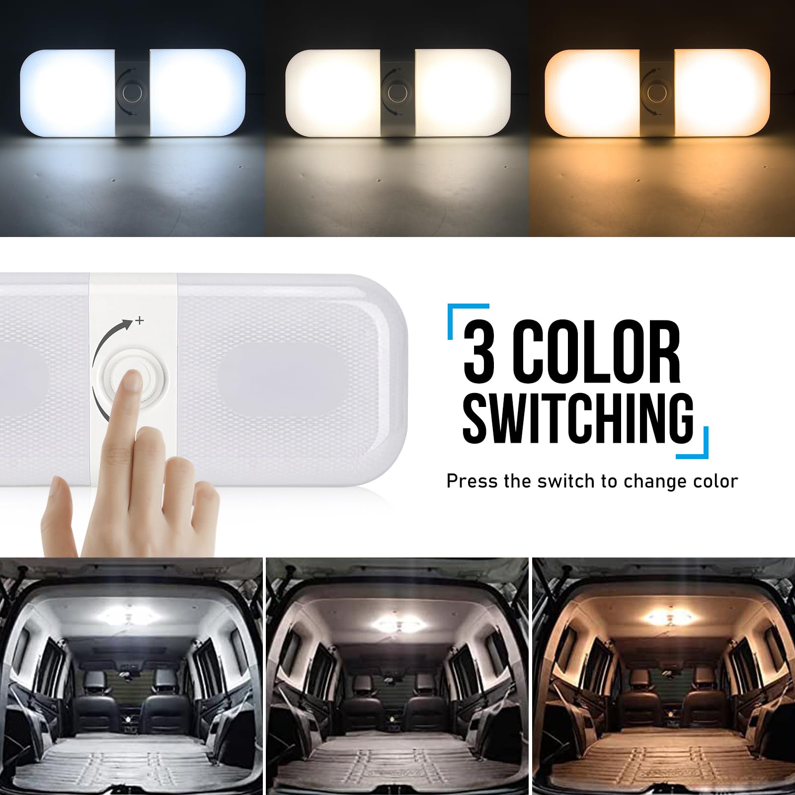 2 PCS 12 V LED Caravane Intérieur Lumière 3 Couleurs avec Bouton Interrupteur Dimmable 12 V 10 W LED Campervan RV Plafonnier Intérieur Dome Lumière Pour Camping-car, Remorque, Voiture