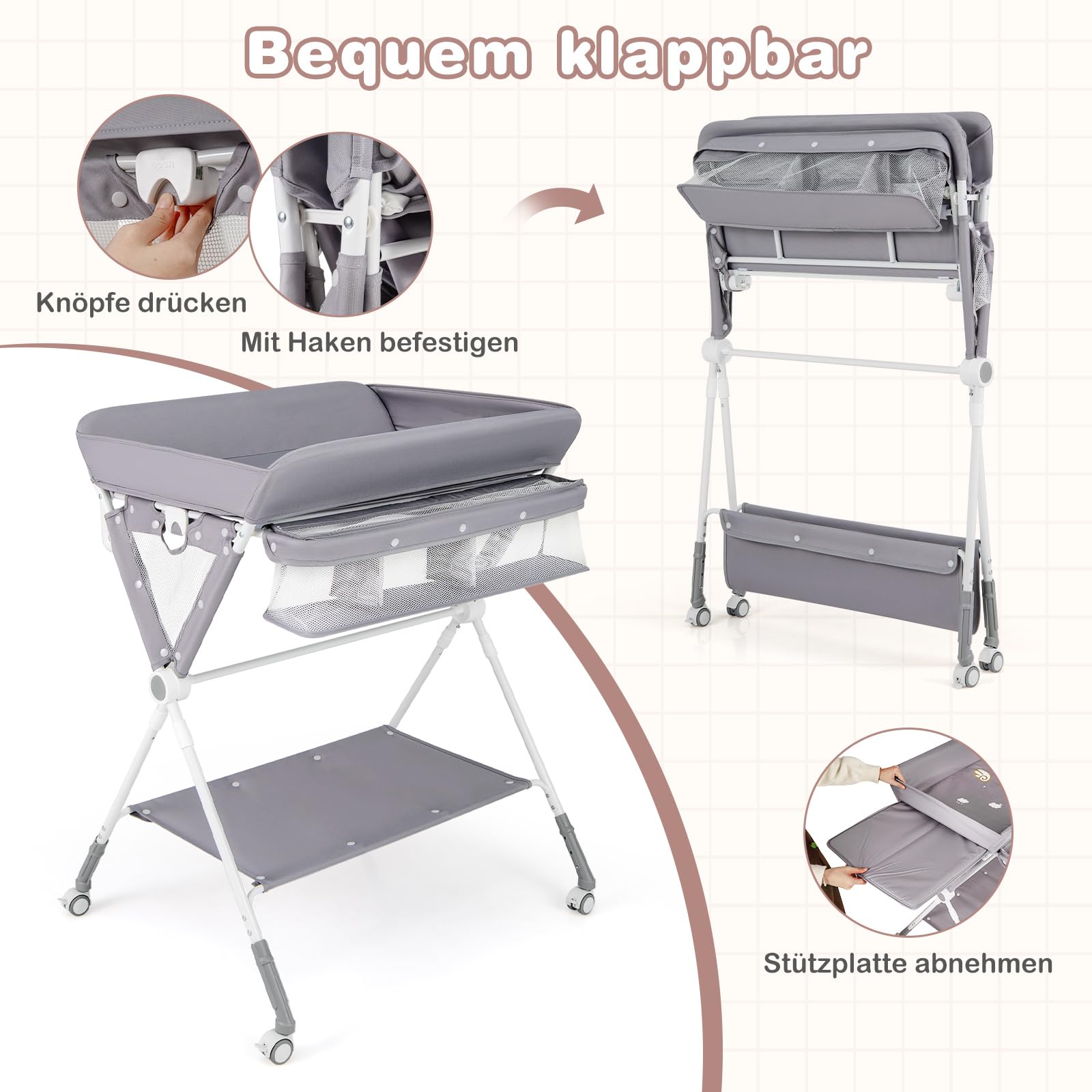 COSTWAY 3 in 1 Wickeltisch klappbar, mobile Wickelkommode mit Rollen, höhenverstellbar, Wickelauflage bis 11 kg (Grau)