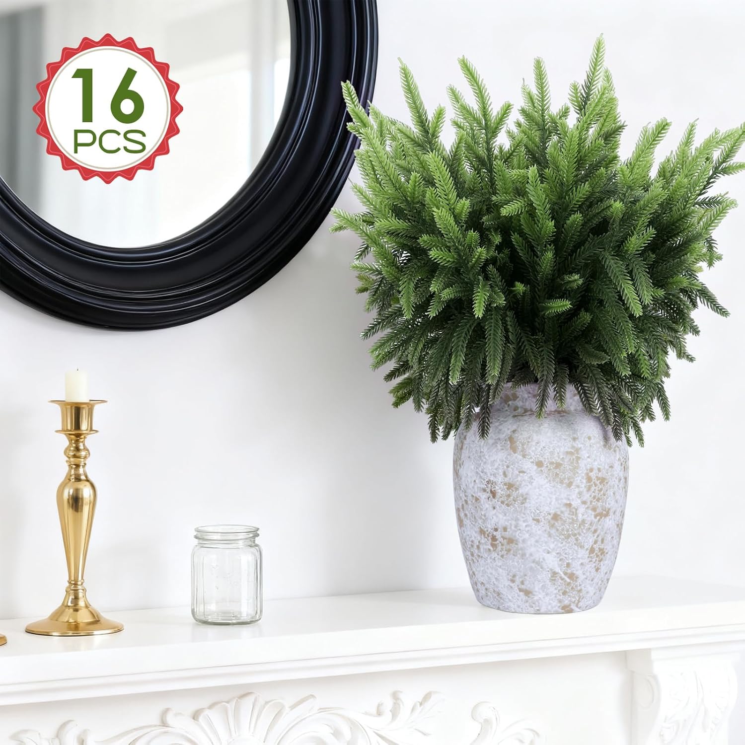 16 Pcs Realistic Norfolk Pine Stems, 18" Artificial Norfolk Pine Branches, Faux Christmas Greenery Evergreen Stems Picks for Vase DIY Crafts Christmas Green Decorations Indoor Home Décor