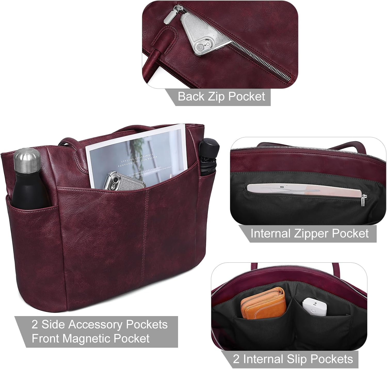 Large Tote Bag for Women Work Vegan Leather 23L Womens Tote Purse with Zipper Ladies Handbags