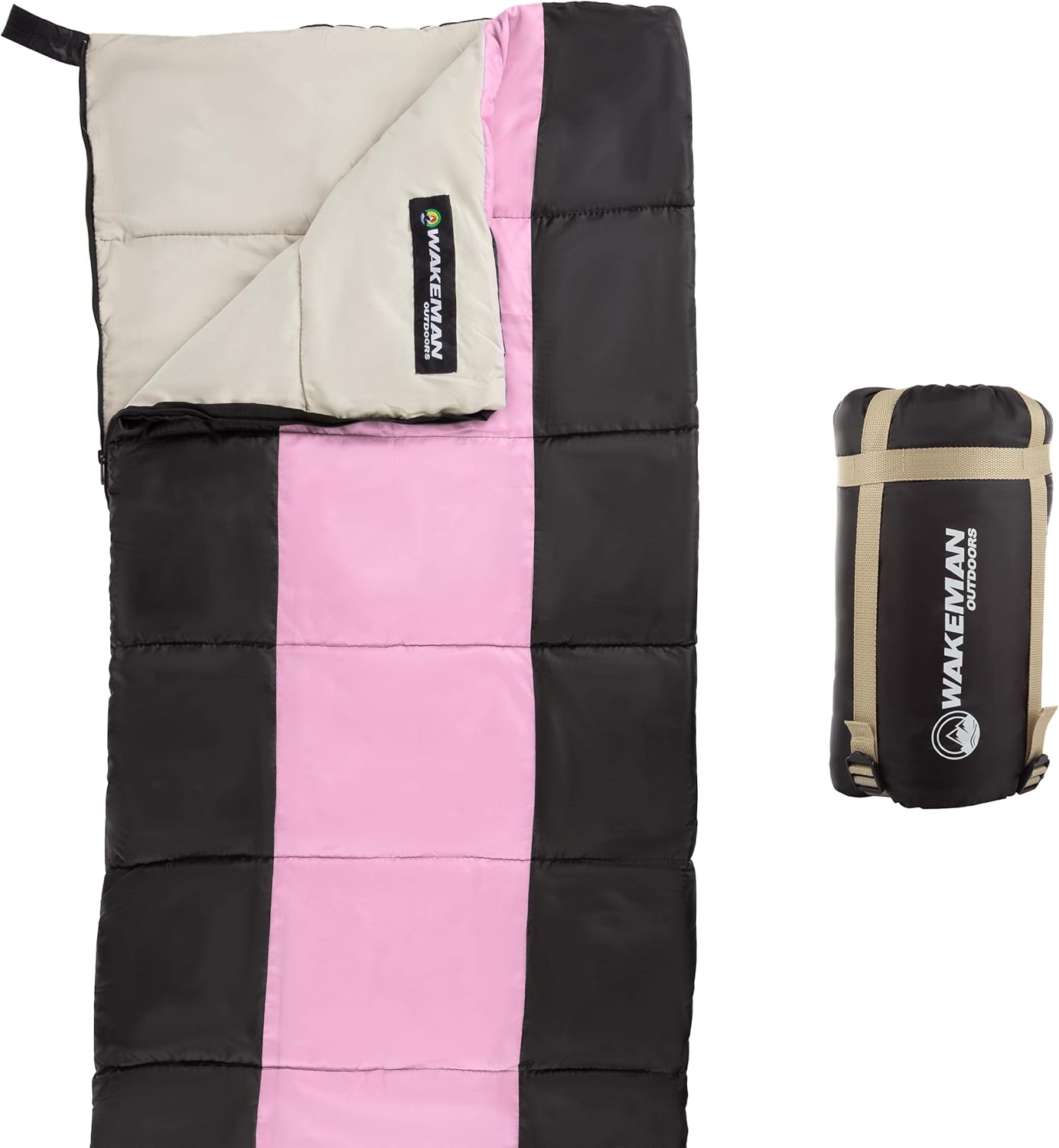 Kids Sleeping Bag Collection - Lightweight, Carrying Bag with Compression Straps Included-for Camping, Backpacking, Sleepovers by Wakeman Outdoors Pink/Black