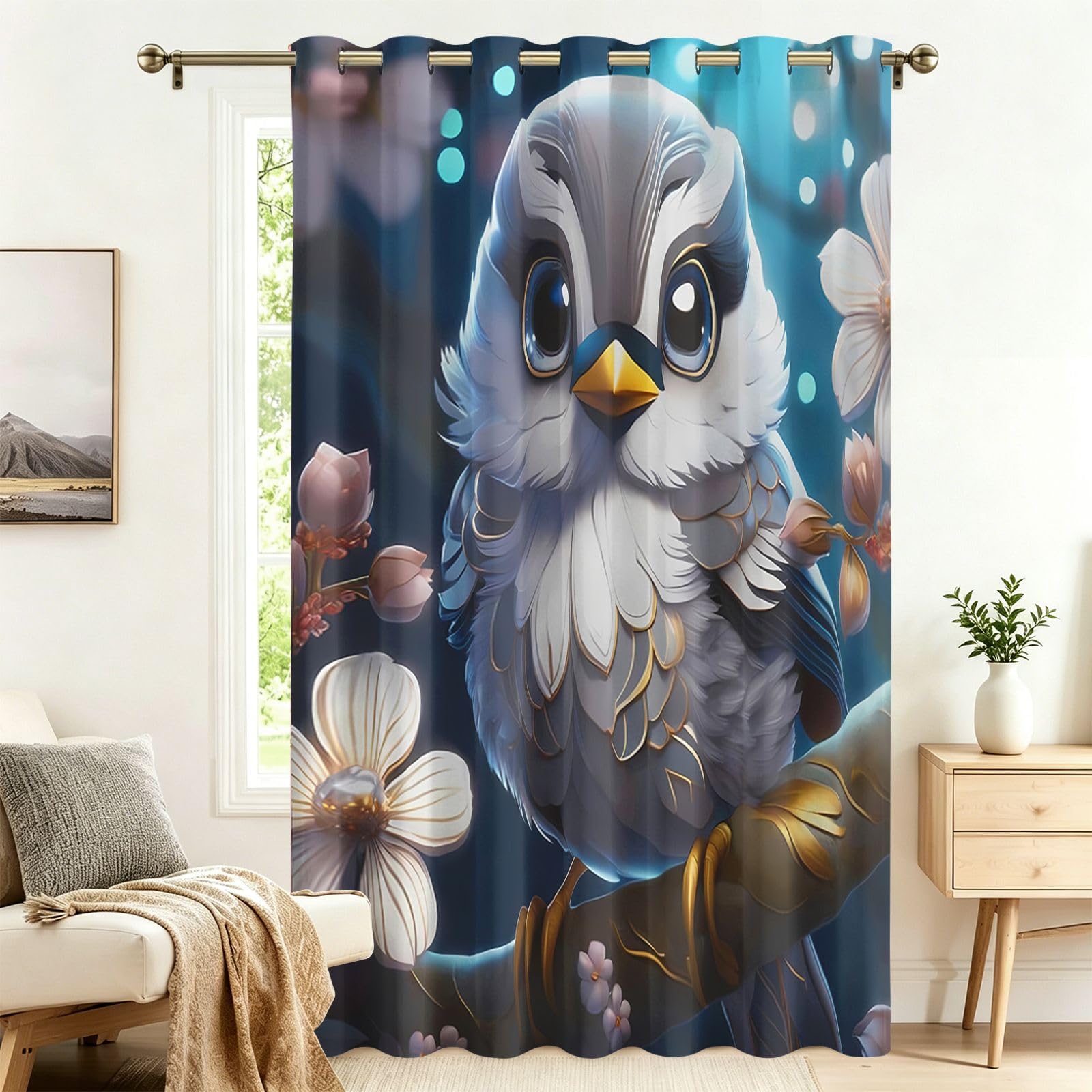 Fadaing Cute Owls Blackout Curtains with Eyelets, 1 Piece, Extra Wide Living Room Door Curtain, 245 x 200 cm, Privacy Screen, Opaque, Patterned, Against Heat, Darkening Room Divider