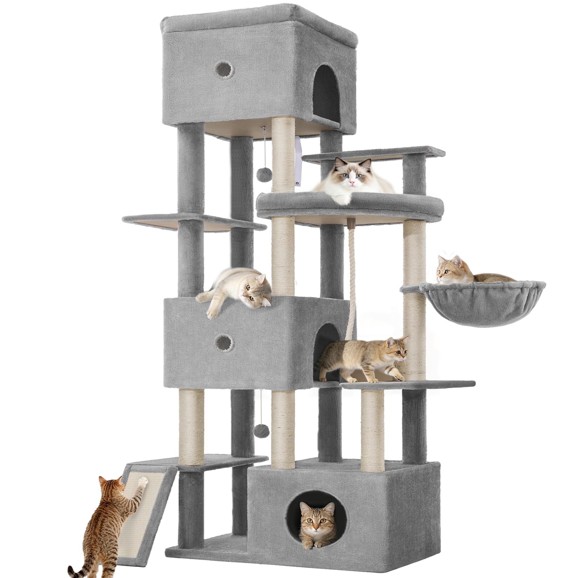 Arbre à Chat XXL, 200cm Grand Tour de Jeux pour Chats, Gris Clair | Arbre à Grimper avec 3 Niches, 7 Griffoirs, Panier, Hamac, Pompons, pour Usage Intérieur