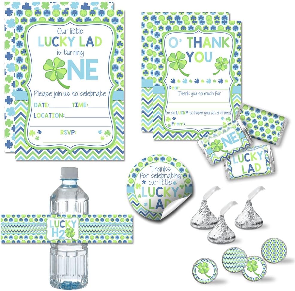 Amanda Creation Deluxe Lucky Lad First Birthday Party Bundle for Boys Includes 20 Invitations & Thank You Cards & Envelopes + 2 Sizes of Stickers, & Water Bottle Labels!