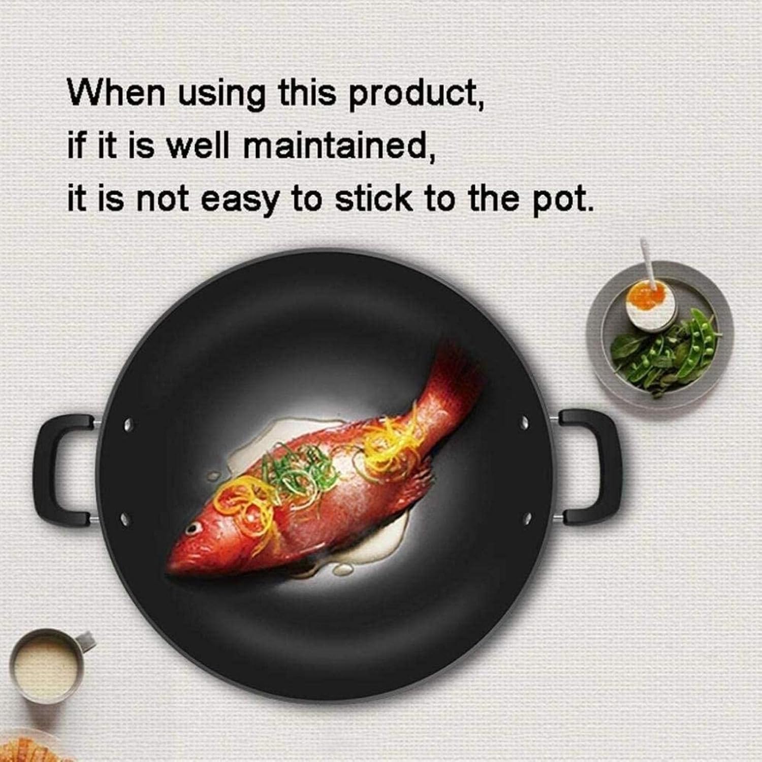 Woks Stir-Fry Pans Cast Iron Pan, Uncoated Wok with Lid, Can Cook Quickly and Evenly, Healthy and Smoke- Free Cooking，，，