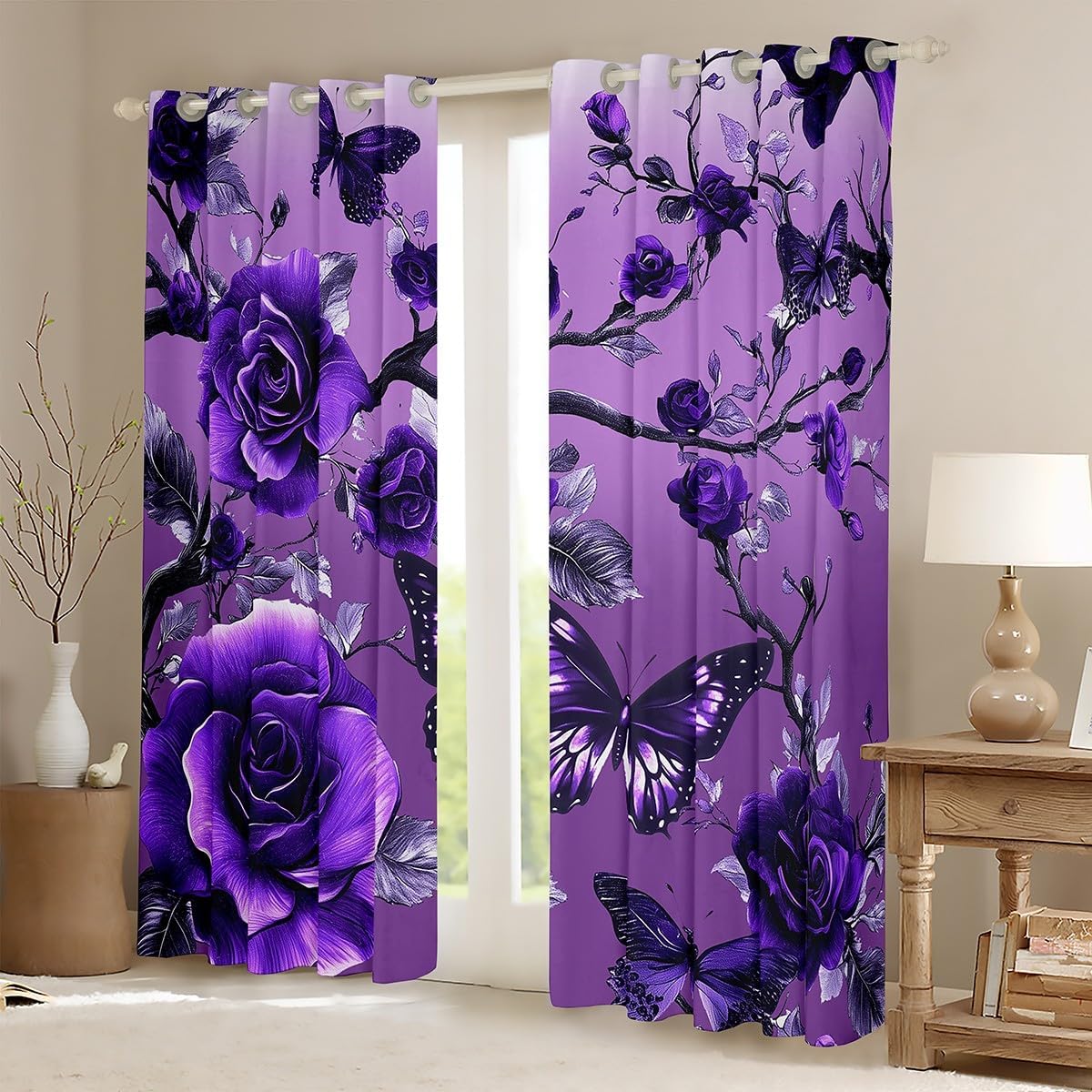 Purple Butterfly Curtains for Living Room,Botanical Branch Floral Window Drapes Bedroom Blackout 30%-50%,Rose Flowers Flying Animals Window Treatment Grommet Top 2 Panels Decor,38Wx45L