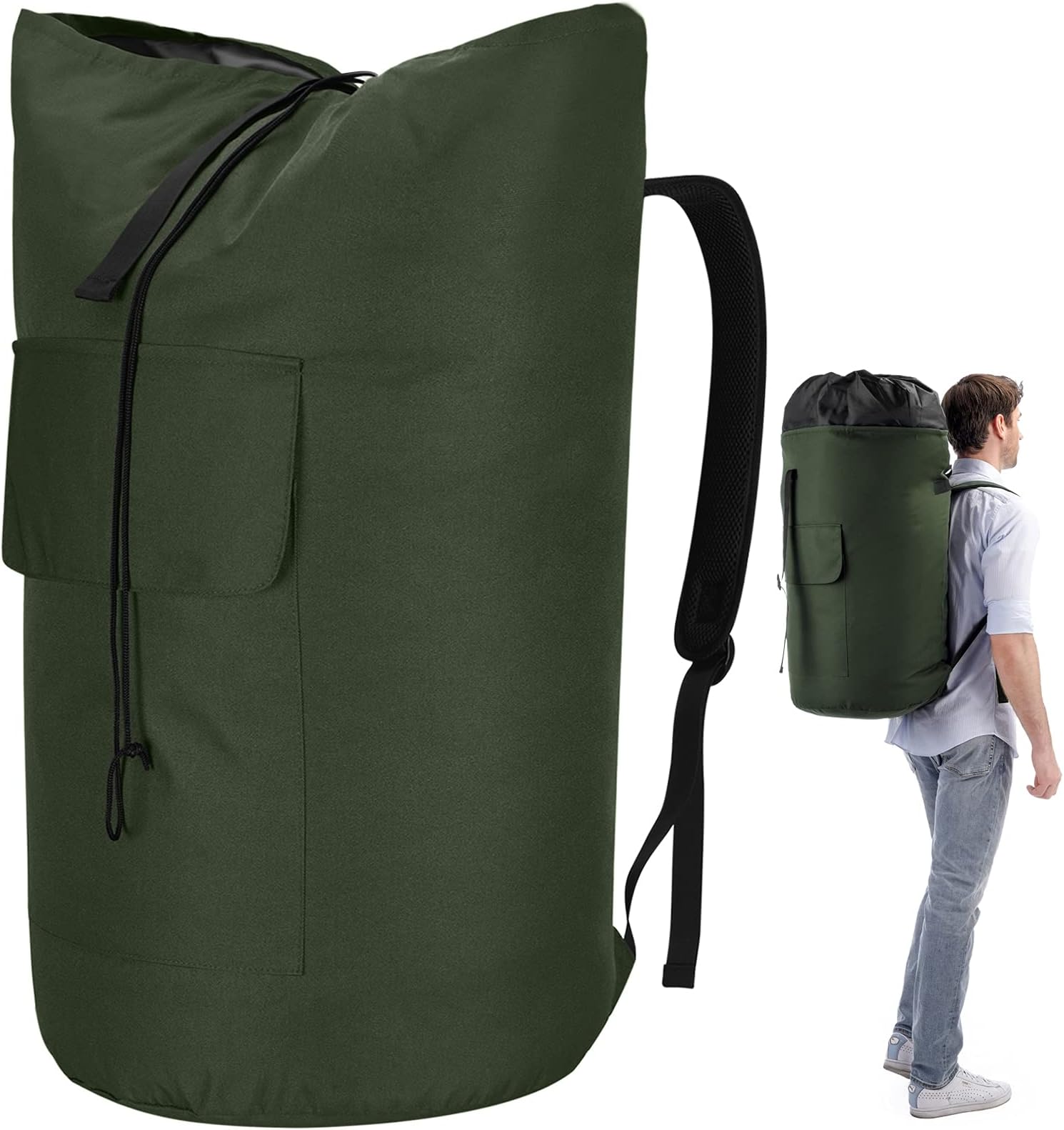 Backpack Laundry Bag, 115L Heavy Duty Extra Large College Laundry Backpack, Dirty Clothes Bag with Shoulder Straps, Laundry Hamper Bag with Drawstring Closure for College Dorm, Apartment Army Green