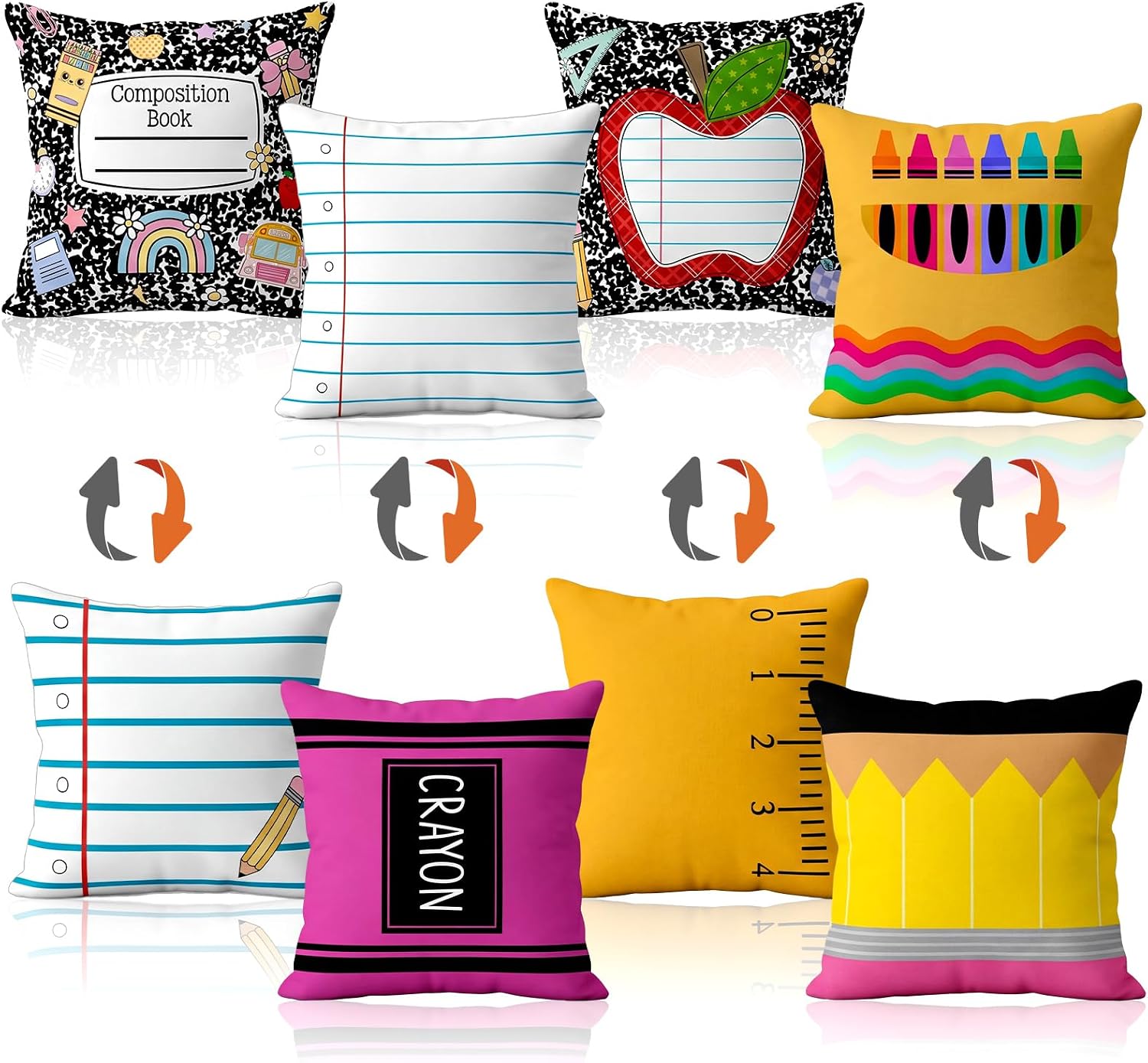 4 Pack Classroom Pillow Covers Back to School Pillow Covers | 8 Patterns, Double Sided, 18 x 18'', Composition Notebook Throw Pillowcases, Cozy Mental Health, Classroom School