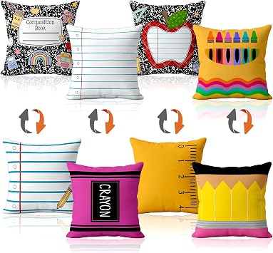 4 Pack Classroom Pillow Covers Back to School Pillow Covers | 8 Patterns, Double Sided, 18 x 18, Composition Notebook Throw Pillowcases, Cozy Mental Health, Classroom School